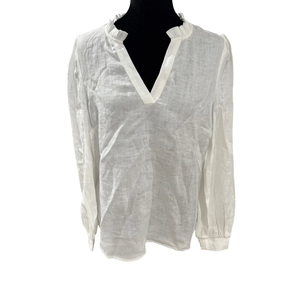 Boden Grace Linen Top White Ruffle V-Neck Puff Sleeve Blouse T1820 Womens 6 NEW